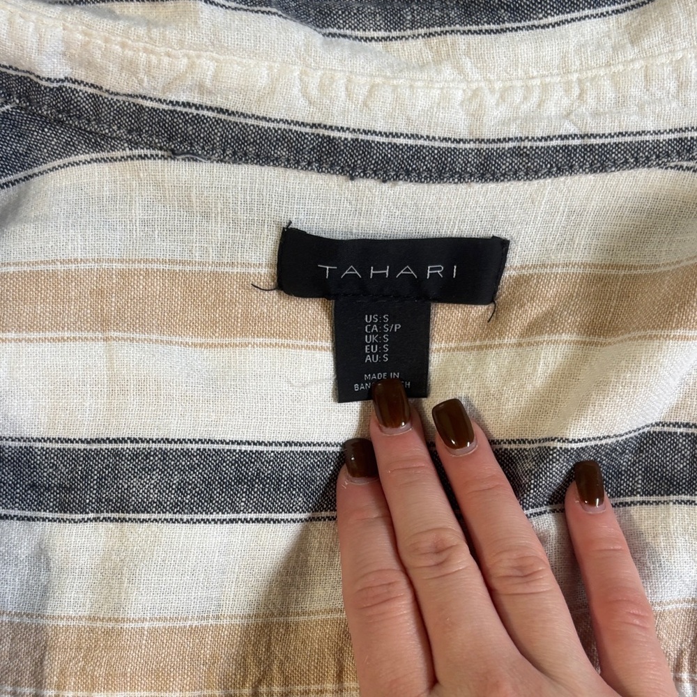 Tahari Black, Cream, and Tan Striped Blouse